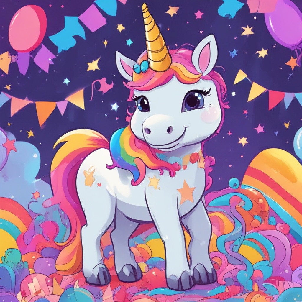 Cartoon unicorn at a party